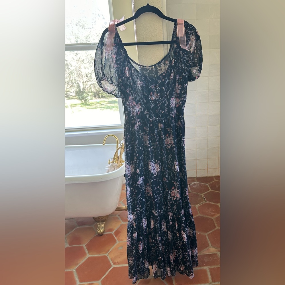 LoveShackFancy Floral Maxi Dress with Pink and Lavender Accents